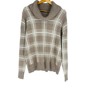 Max Studio Beige White Plaid Turtleneck Long Sleeve Cozy Knit Stretch Sweater M